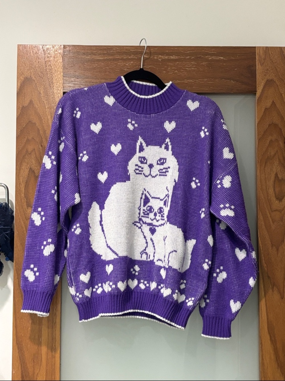 Vintage Purple & White Cat Knit Crewneck Sweater